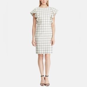 Lauren Ralph Lauren Windowpane Jacquard Sheath Dress Size 14 Flutter Sleeve NWT